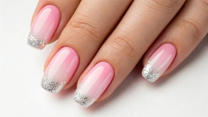 Close-up of a woman&rsquo;s hand with glossy pink ombre manicure, showing elegance and modern beauty
