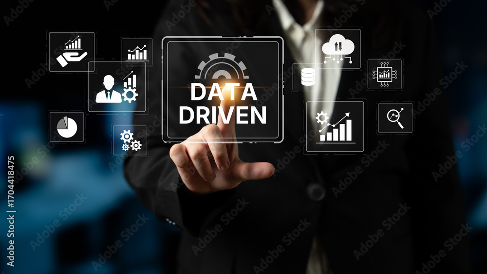 Poster data-driven decision-making empowers business through analytics, datum collection, and ai systems. d