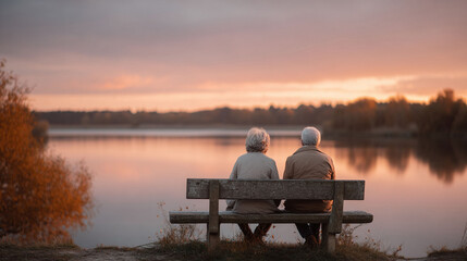Elderly couple sitting on a bench enjoying a beautiful sunset over a tranquil lake. Represents love, companionship, retirement, and peaceful moments. Ideal for health, travel, and lifestyle content.