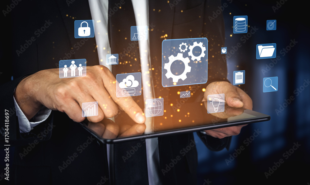 Aufkleber a concept of business operations and enterprise system integration. the components of a company incl