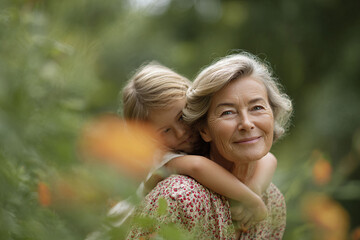 A heartwarming image of a mature woman giving a piggyback ride to a child, surrounded by lush greenery, conveying love, family ties, and carefree joy.