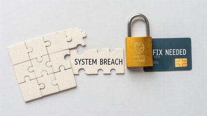 System Breach Warning with Puzzle Piece, Padlock, and Credit Card