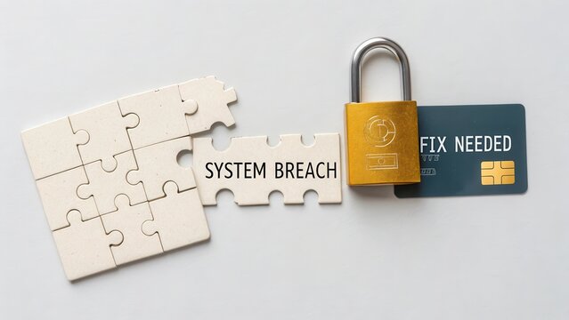 System Breach Warning with Puzzle Piece, Padlock, and Credit Card