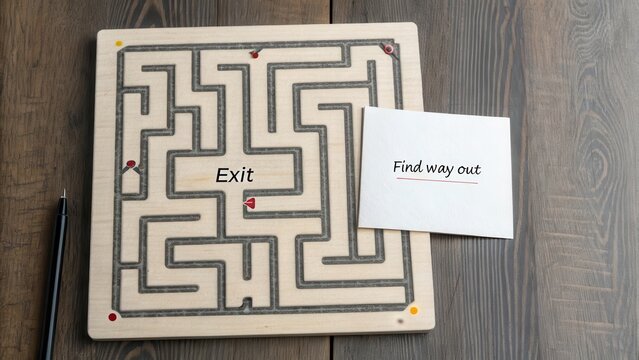 Wooden maze puzzle with exit instruction on a wooden table