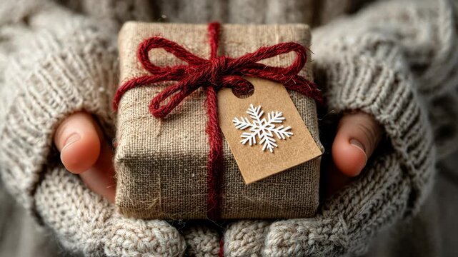 Rustic gift wrapped in burlap with red twine and snowflake ornament in winter mittens