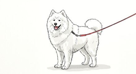 Samoyed dog standing with a leash on a white background  