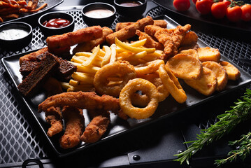 Assorted Deep Fried Snacks on Large Plate, Top View