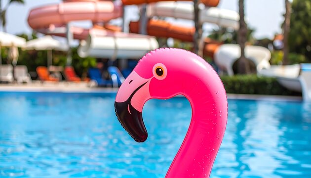 Pink flamingo inflatable by swimming pool, water park in background