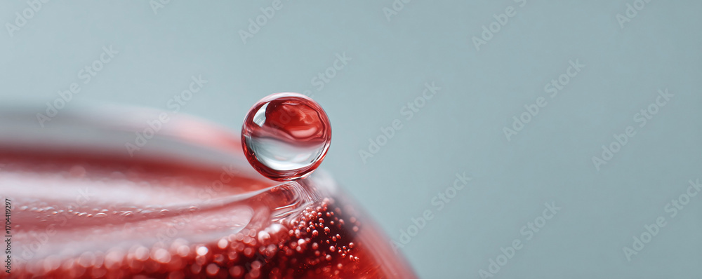 Poster macro shot of a clear sphere reflecting red liquid, creating a captivating abstract image. evokes pu