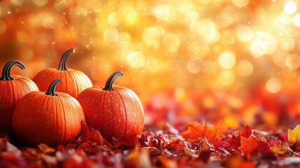 Vibrant arrangement of pumpkins, and autumn leaves. Autumn background, glowing bokeh effect. Festive wallpaper. Thanksgiving Day atmosphere. Copy space for text