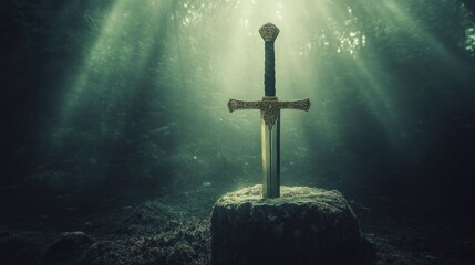 Naklejka premium Mystical sword in an enchanted forest