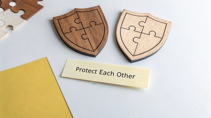 Wooden Puzzle Shield with Message About Protection and Unity