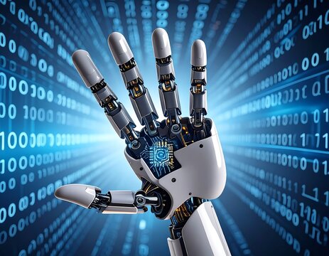 Robotic hand against a digital binary code background - Powered by Adobe
