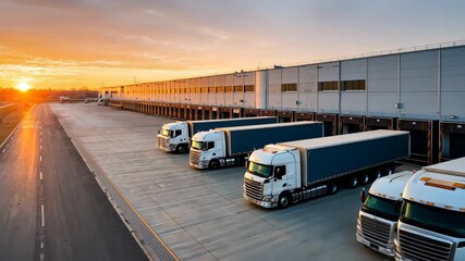 Sunrise logistics: trucks departing a modern warehouse loading dock - Powered by Adobe