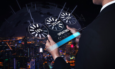 A concept of a system update and software installation. A progress bar and loading icons showing the update percentage and status. Motif