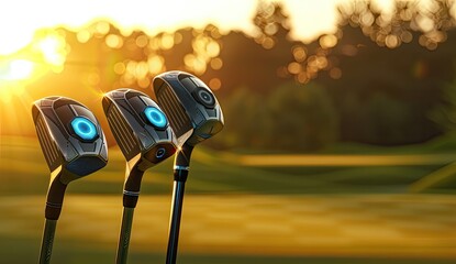 A close-up view of golf clubs resting on a tee at sunset, with a lush green course in the background