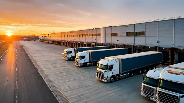 Sunrise logistics: trucks departing a modern warehouse loading dock - Powered by Adobe