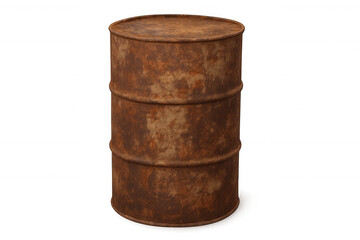 Rusty metal barrel isolated on transparent background, symbolizing industrial decay and environmental pollution