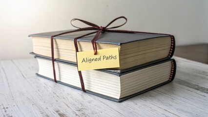 Stacked Books with Tag Showing Aligned Paths Concept on Table