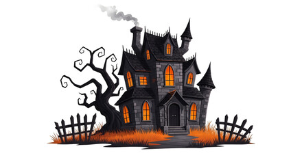 Spooky Haunted House with a Twisted Tree and Orange Glow