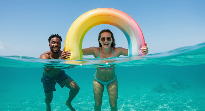 Joyful couple laughing with a rainbow float in crystal clear ocean water on a vibrant summer vacation, creating unforgettable memories