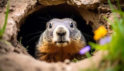 Groundhog peeking from burrow