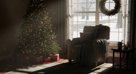 cozy living room decorated for Christmas, with warm fireplace, armchair, mug of hot chocolate. peaceful and magical atmosphere of the holiday season