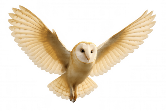 Barn owl spreading wings mid-flight, white plumage gleaming, isolated on transparent background for seamless graphic design