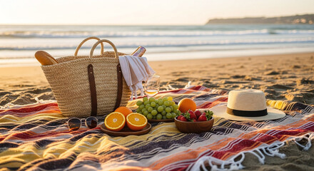 Enjoy a blissful beach picnic with fresh fruit, wine, and golden sunlight, perfect for a relaxing getaway or romantic escape
