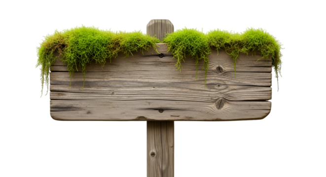Rustic Wooden Sign with Lush Green Moss