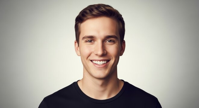 Studio headshot of young man with perfect white smile. Caucasian male banner for advertising, dental clinic, skincare product, business service, and lifestyle brand, corporate websites