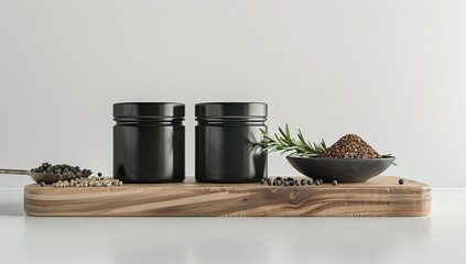 Stylish black jars with spices on a wooden board, showcasing culinary ingredients in a modern kitchen