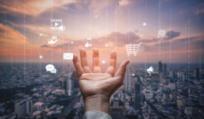 Omnichannel marketing journey showing interaction across media, email, messaging, mobile,...