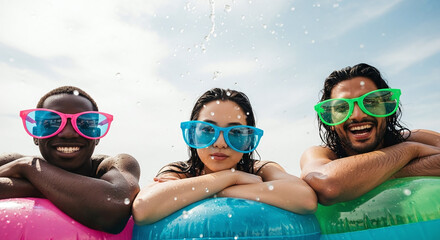 Joyful diverse friends splash in pool wearing oversized sunglasses, embracing summer fun and vibrant relaxation