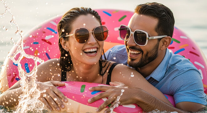 Joyful couple shares laughter and fun embracing summer vacation vibes while floating on a donut pool float