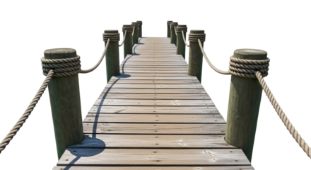 Wooden Pier with Rope Railings on Black Background