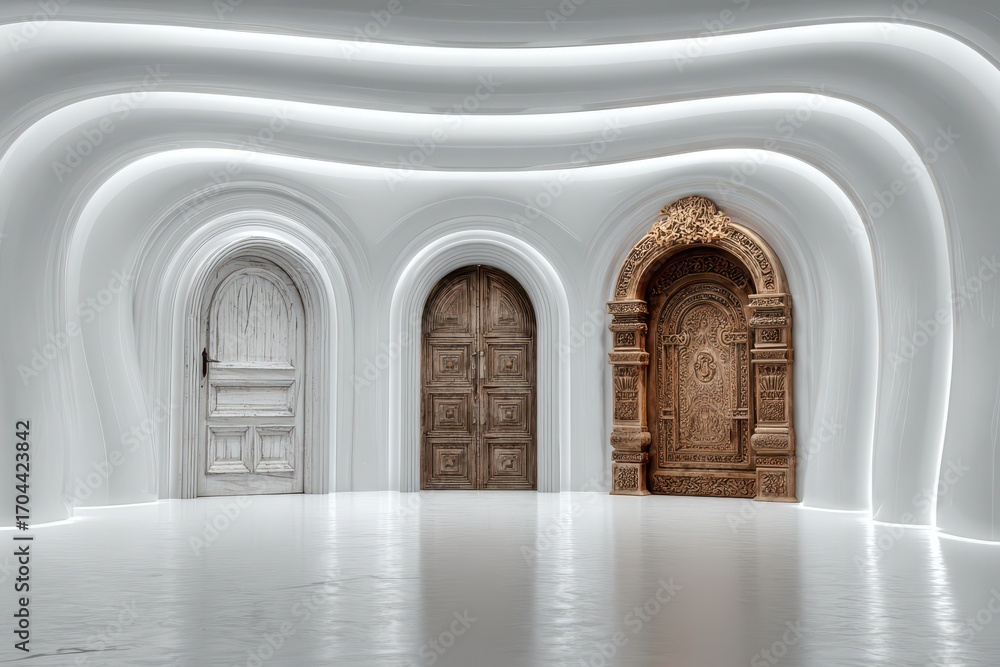 Poster a surreal and modern architectural design featuring three different doors within a bright white, flu