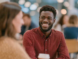 African American man with a joyful smile is engaging in conversation with a woman in a cozy cafe setting, surrounded by warm lighting and a relaxed atmosphere