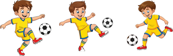Happy cartoon boys playing soccer, kicking football, active children in sportswear, fun kids game, teamwork, outdoor activity, sports training, healthy lifestyle