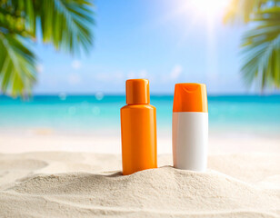 Sunscreen Bottles on Tropical Beach with Turquoise Sea and Palm Trees
