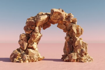 A captivating stone archway, formed from rough golden rocks, stands against a soft pink and blue pastel gradient background, evoking a surreal, dreamlike quality.