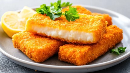 Crispy golden fried fish sticks with lemon and parsley