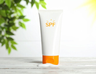 Sunscreen Tube with SPF on White Wood Table with Green Leaves