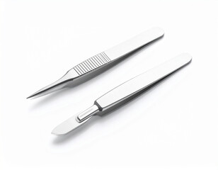 Surgical Scalpel and Forceps on White Background, Medical Instru