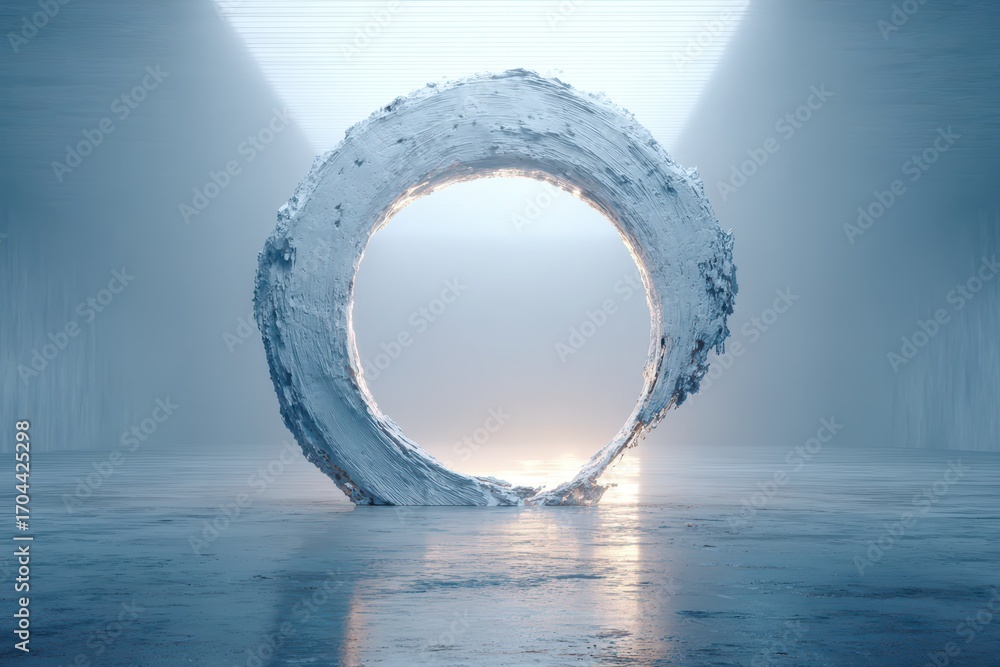 Poster an abstract, ethereal portal ring shimmering with subtle light, casting reflections on a smooth surf