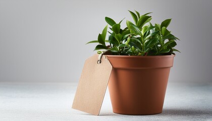 Fototapeta premium Green Plant In A Brown Pot With A Blank Tag