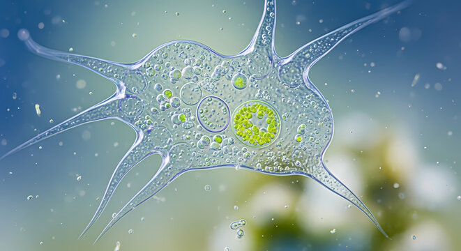 Microscopic view of a single-celled amoeba with radiating pseudopods and internal organelles, floating in a fluid environment.