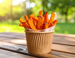 Sweet Potato Fries in a Cup on Wooden Table with Green Background