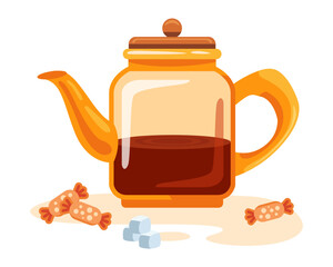 Teapot with tea and sweets. Flat illustration.
