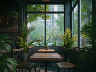 Obraz premium Cozy cafe interior with wooden tables and chairs surrounded by lush green plants, large windows showcasing urban scenery, creating a warm and inviting atmosphere for relaxation